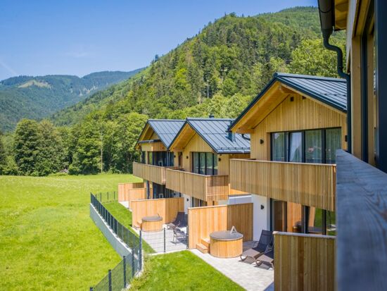 View from the balcony of a holiday home to 3 other luxury chalets in the Salzkammergut region in Austria