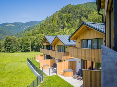 View from the balcony of a holiday home to 3 other luxury chalets in the Salzkammergut region in Austria